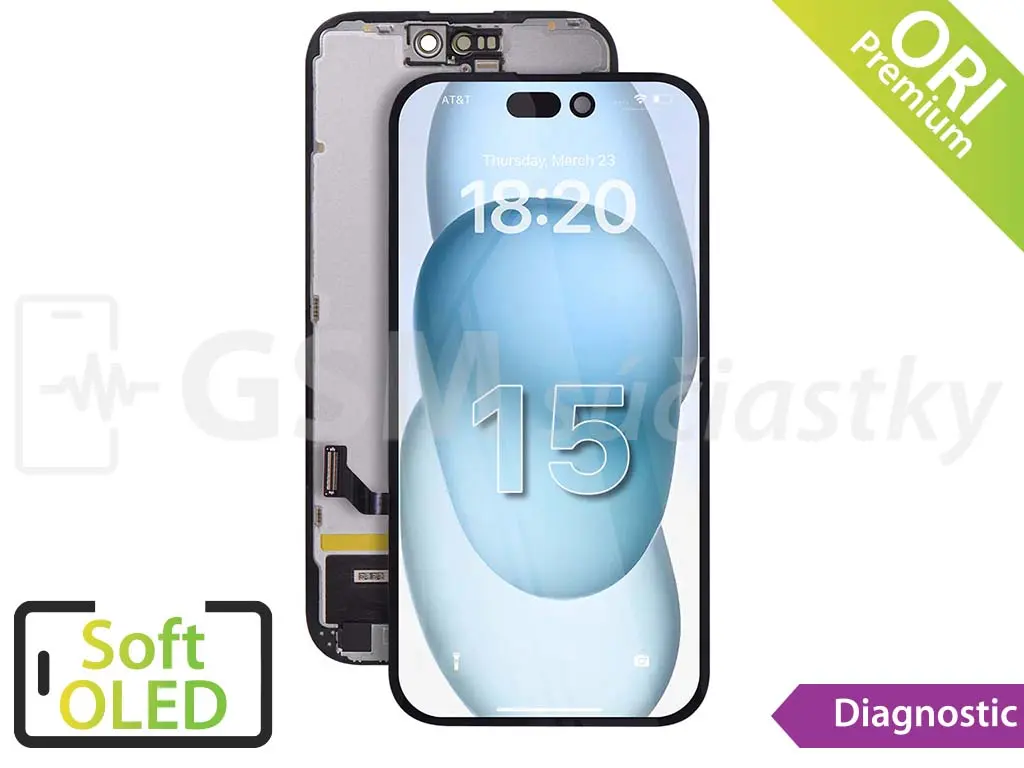 iPhone 15 LCD displej + dotykové sklo zobrazující se jako Originál