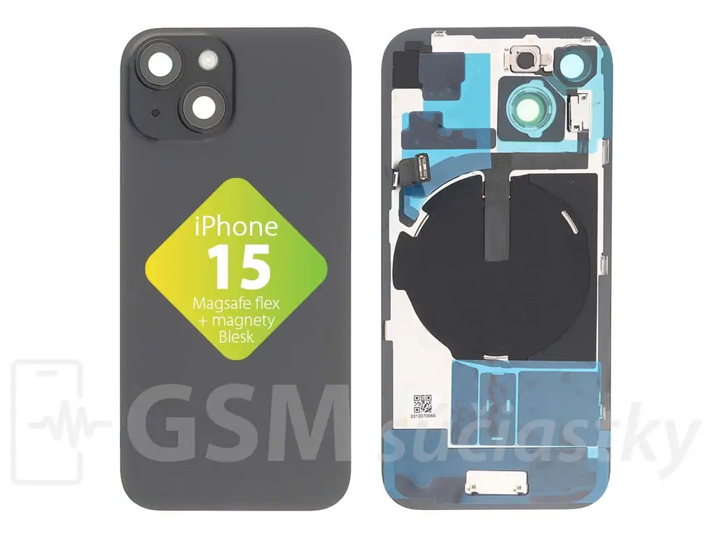 iPhone 15 zadní sklo housingu + flex kabel MagSafe, blesk, magnety, černé