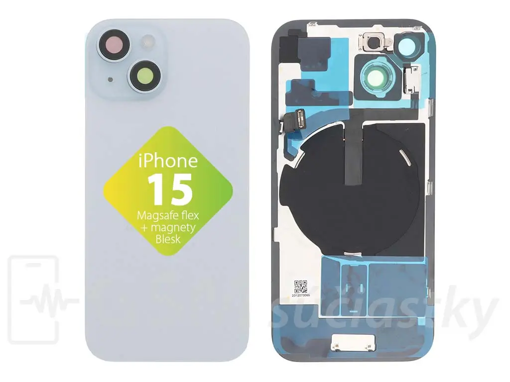 iPhone 15 Zadní sklo housingu + flex kabel MagSafe, blesk, magnety, Modré