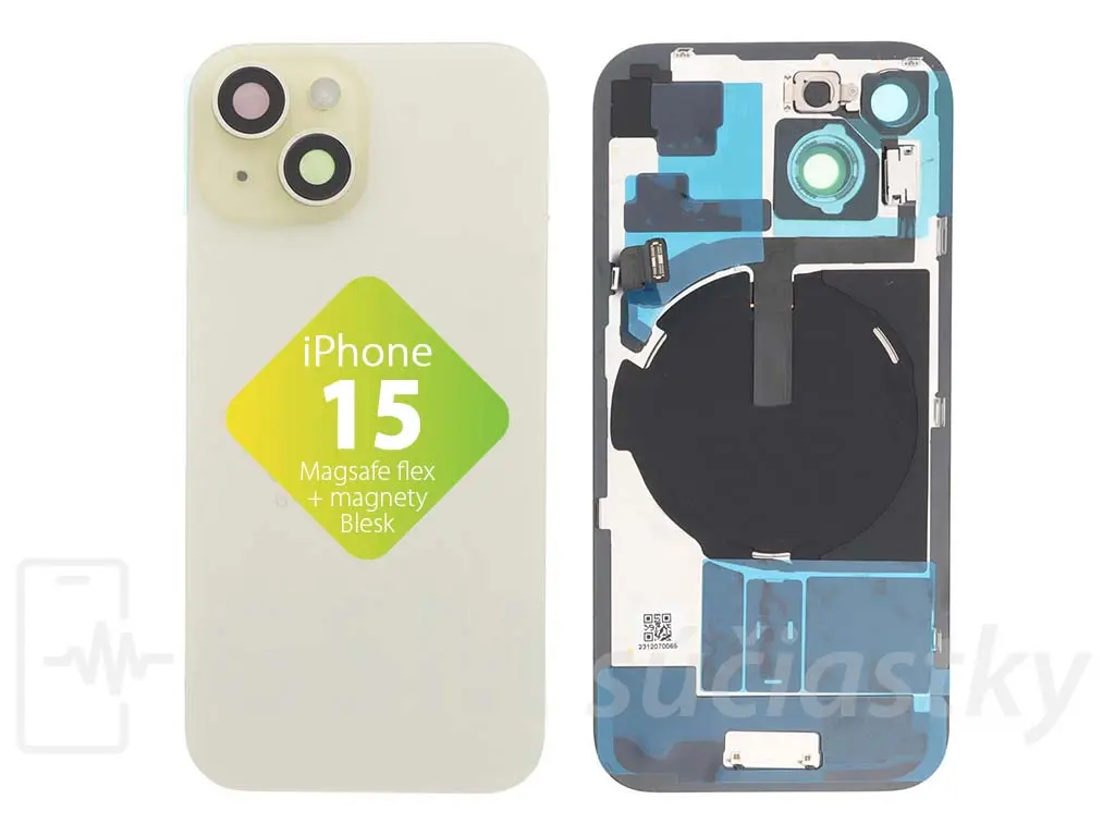 iPhone 15 Zadní sklo housingu + flex kabel MagSafe, blesk, magnety, žluté