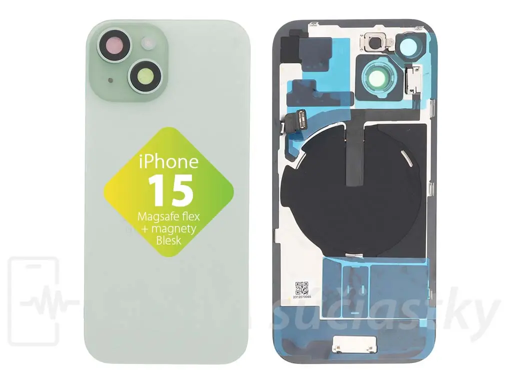 iPhone 15 Zadní sklo krytu + flex kabel MagSafe, blesk, magnety, zelené