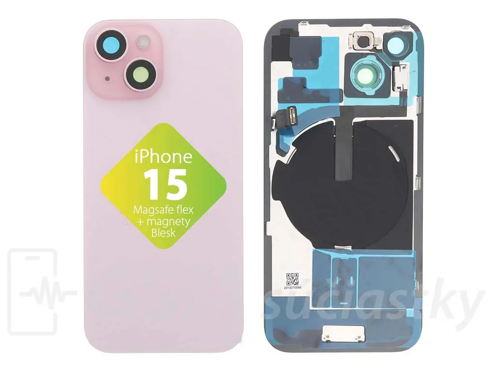 iPhone 15 zadní sklo housingu + flex kabel MagSafe, blesk, magnety, růžové