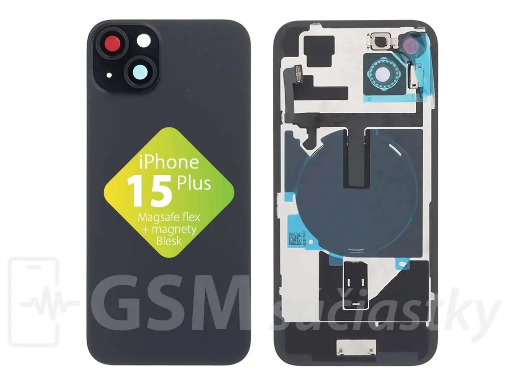iPhone 15 Plus zadní sklo housingu + flex kabel MagSafe, blesk, magnety, černé