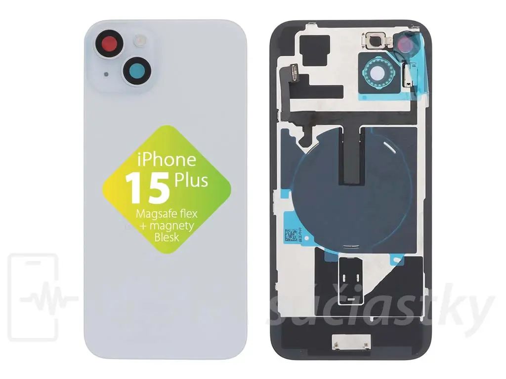 iPhone 15 Plus Zadní sklo housingu + flex kabel MagSafe, blesk, magnety, Modré