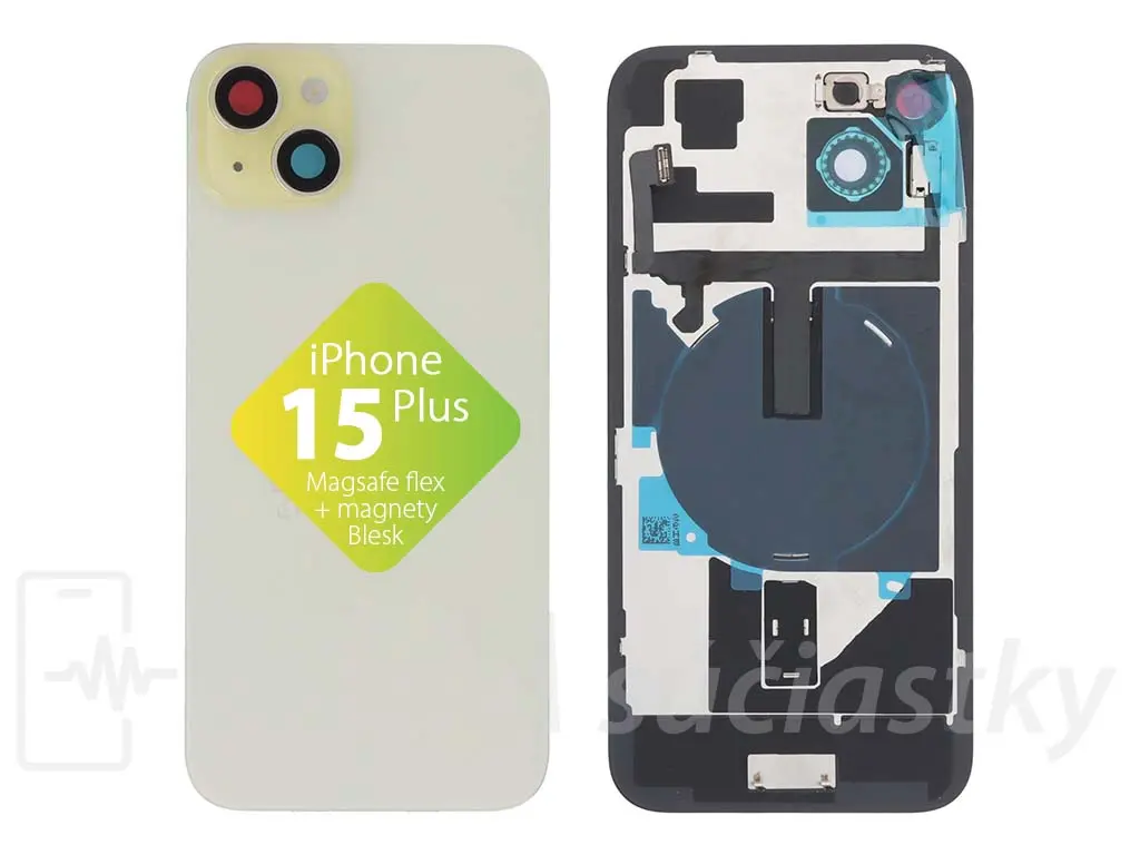 iPhone 15 Plus Zadní sklo housingu + flex kabel MagSafe, blesk, magnety, žluté