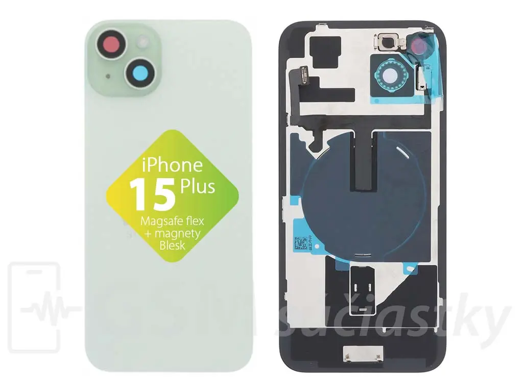 iPhone 15 Plus Zadní sklo krytu + flex kabel MagSafe, blesk, magnety, zelené