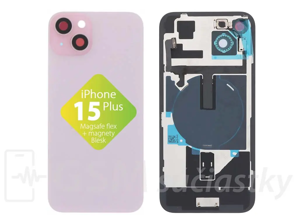 iPhone 15 Plus zadní sklo housingu + flex kabel MagSafe, blesk, magnety, růžové