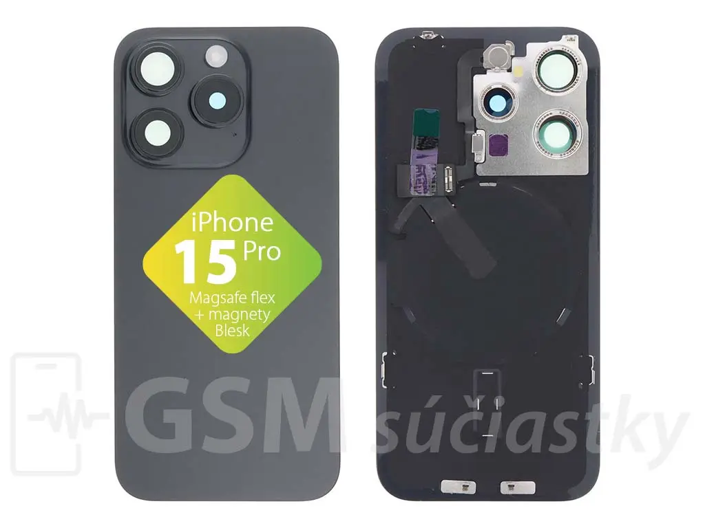 iPhone 15 Pro zadní sklo housingu + flex kabel MagSafe, blesk, magnety, černé