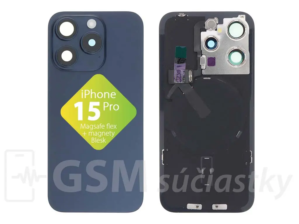 iPhone 15 Pro Zadní sklo housingu + flex kabel MagSafe, blesk, magnety, Modré