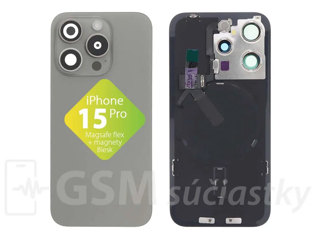 iPhone 15 Pro Zadní sklo housingu + flex kabel MagSafe, blesk, magnety, Titanium