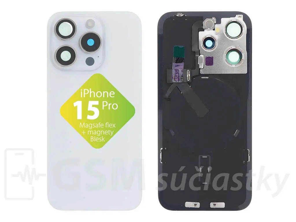 iPhone 15 Pro Zadní sklo housingu + flex kabel MagSafe, blesk, magnety, bílé