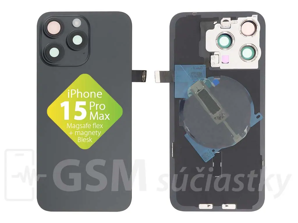 iPhone 15 Pro Max zadní sklo housingu + flex kabel MagSafe, blesk, magnety, černé
