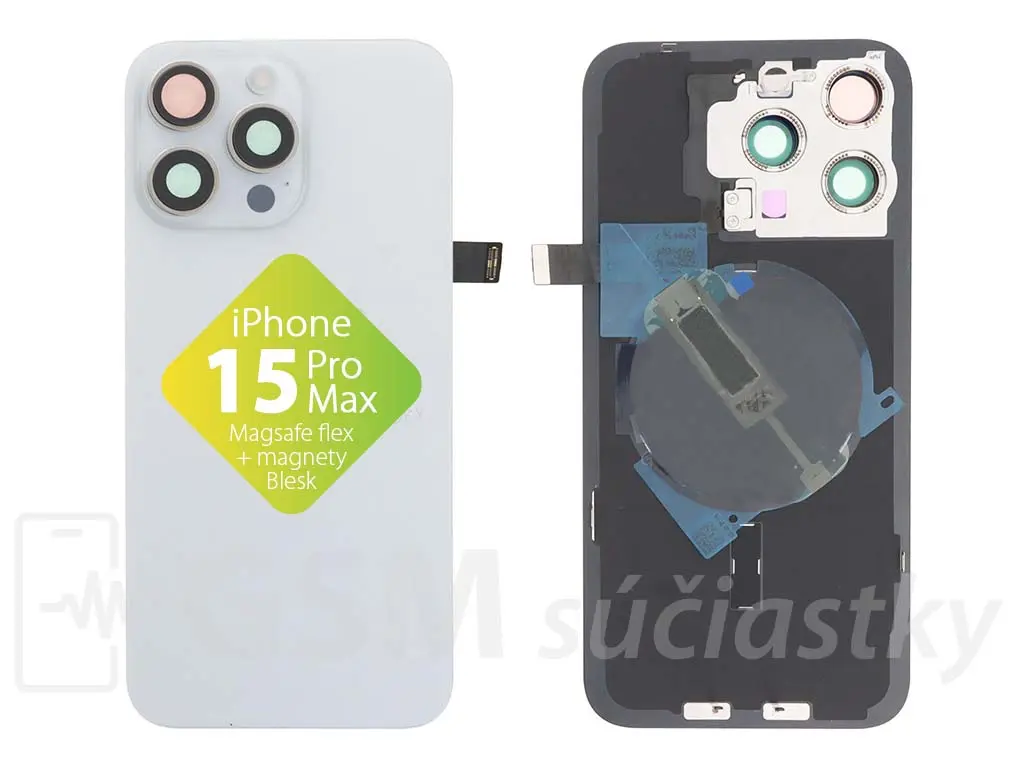 iPhone 15 Pro Max Zadní sklo housingu + flex kabel MagSafe, blesk, magnety, bílé