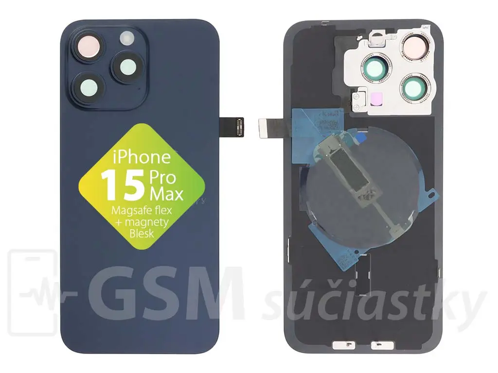 iPhone 15 Pro Max Zadní sklo housingu + flex kabel MagSafe, blesk, magnety, Modré