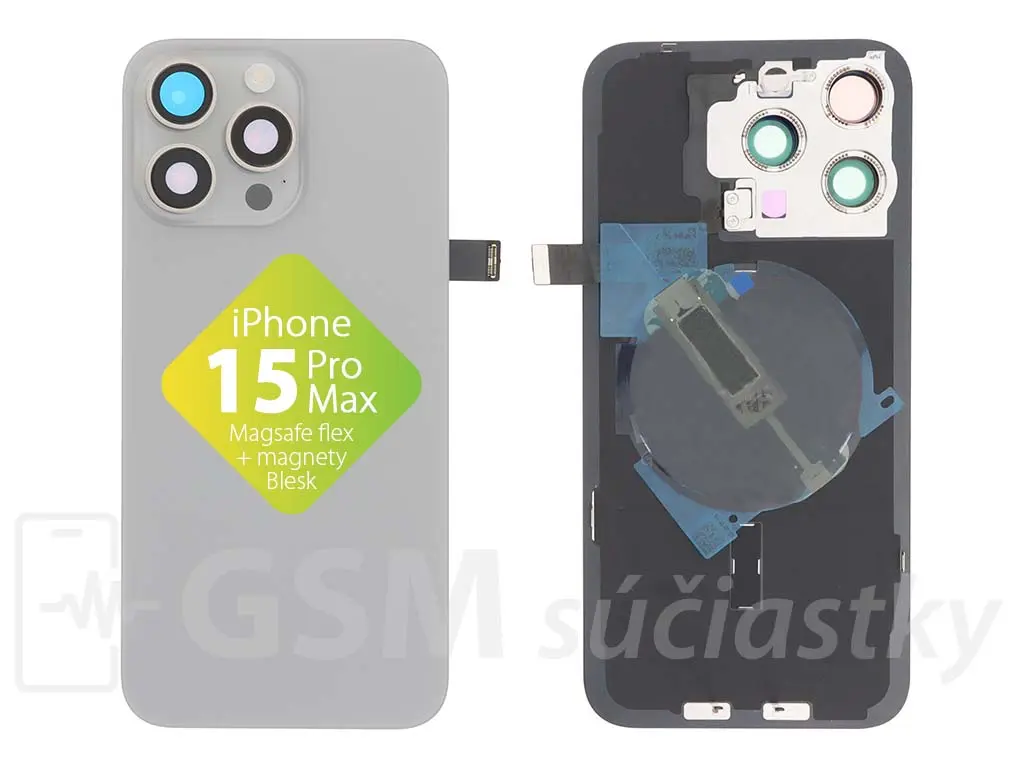 iPhone 15 Pro Max Zadní sklo housingu + flex kabel MagSafe, blesk, magnety, Titanium