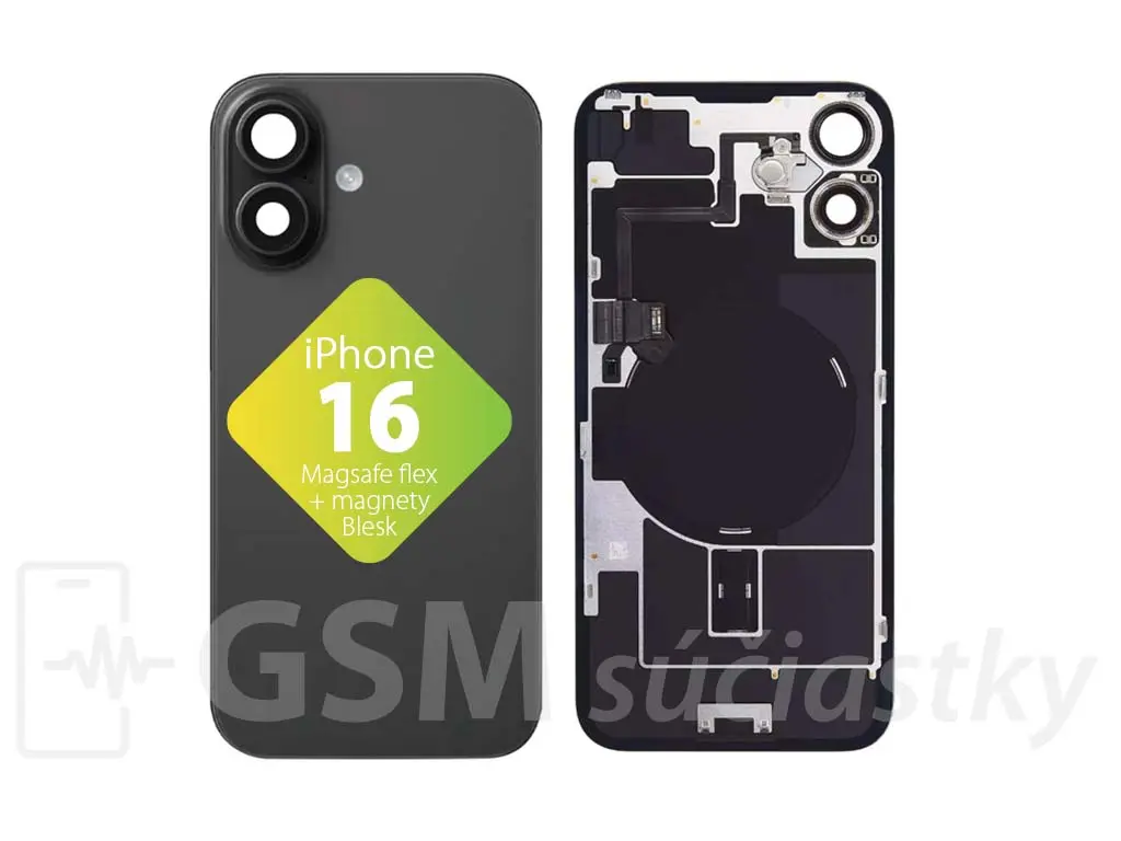 iPhone 16 zadní sklo housingu + flex kabel MagSafe, blesk, magnety, černé