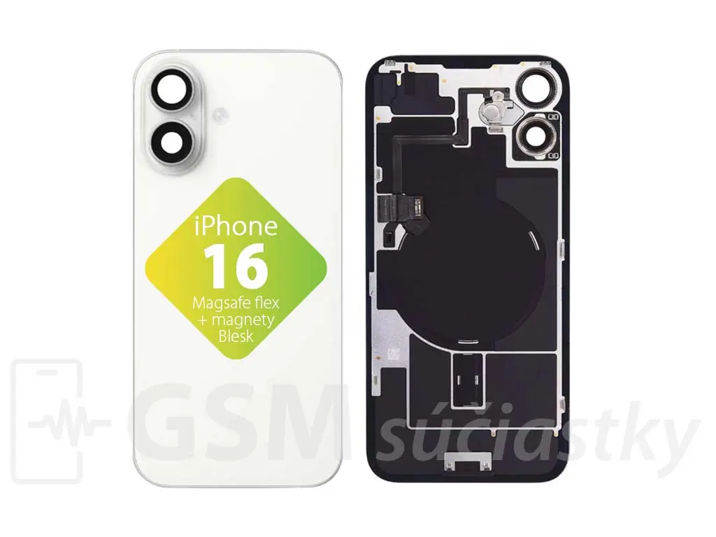 iPhone 16 Zadní sklo housingu + flex kabel MagSafe, blesk, magnety, bílé