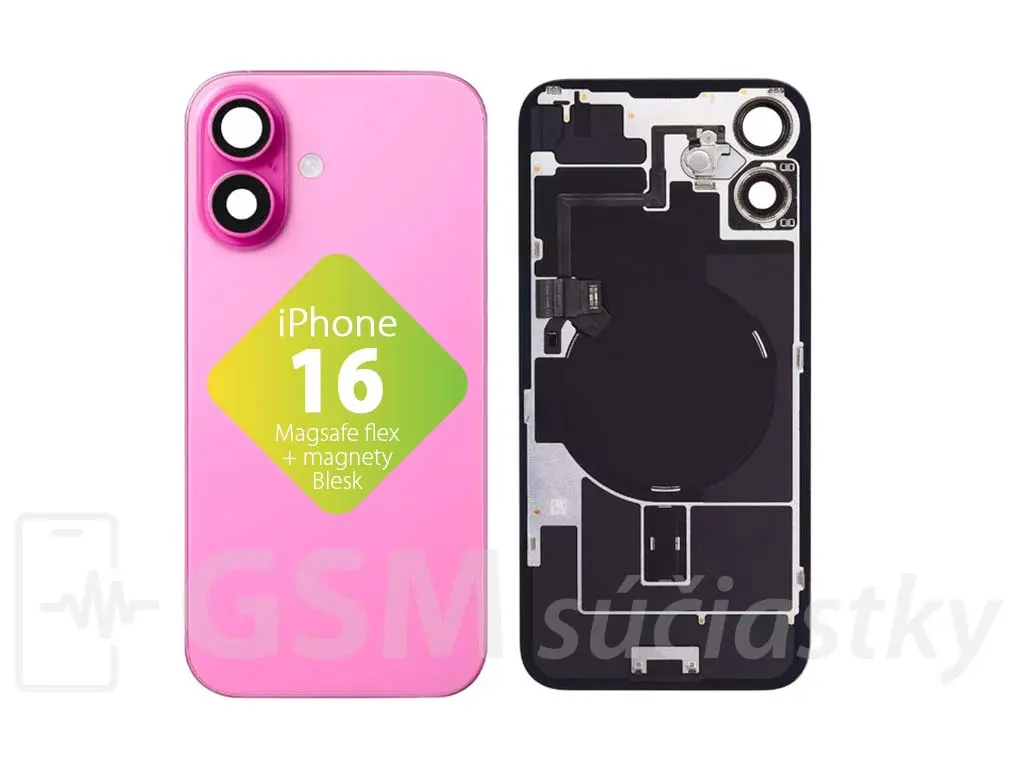 iPhone 16 zadní sklo housingu + flex kabel MagSafe, blesk, magnety, růžové