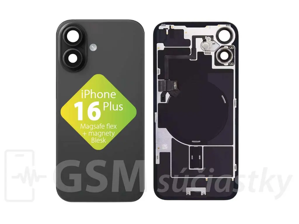 iPhone 16 Plus zadní sklo housingu + flex kabel MagSafe, blesk, magnety, černé