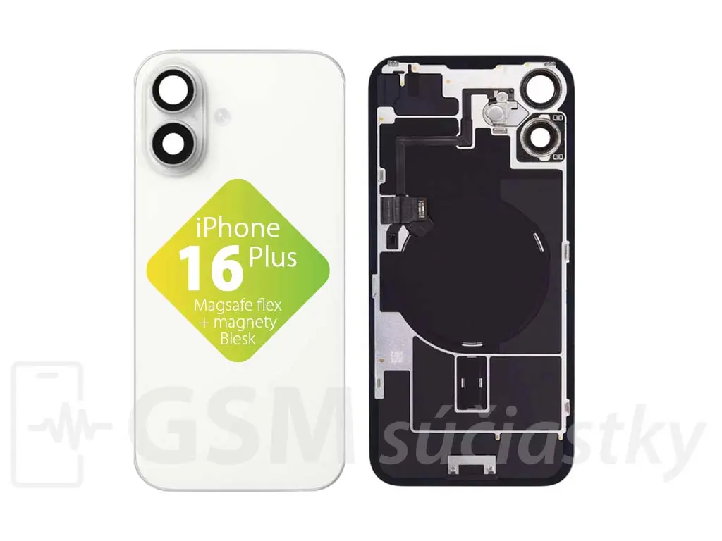 iPhone 16 Plus Zadní sklo housingu + flex kabel MagSafe, blesk, magnety, bílé