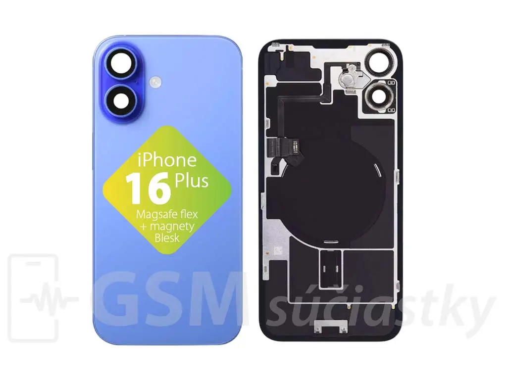 iPhone 16 Plus Zadní sklo housingu + flex kabel MagSafe, blesk, magnety, Modré