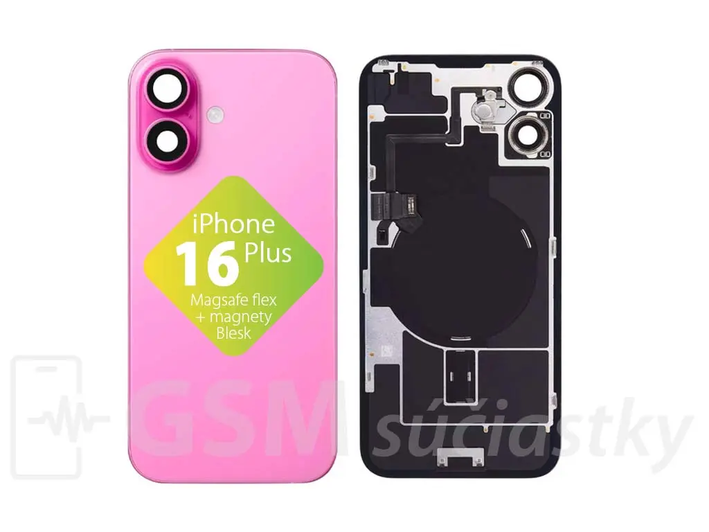 iPhone 16 Plus zadní sklo housingu + flex kabel MagSafe, blesk, magnety, růžové