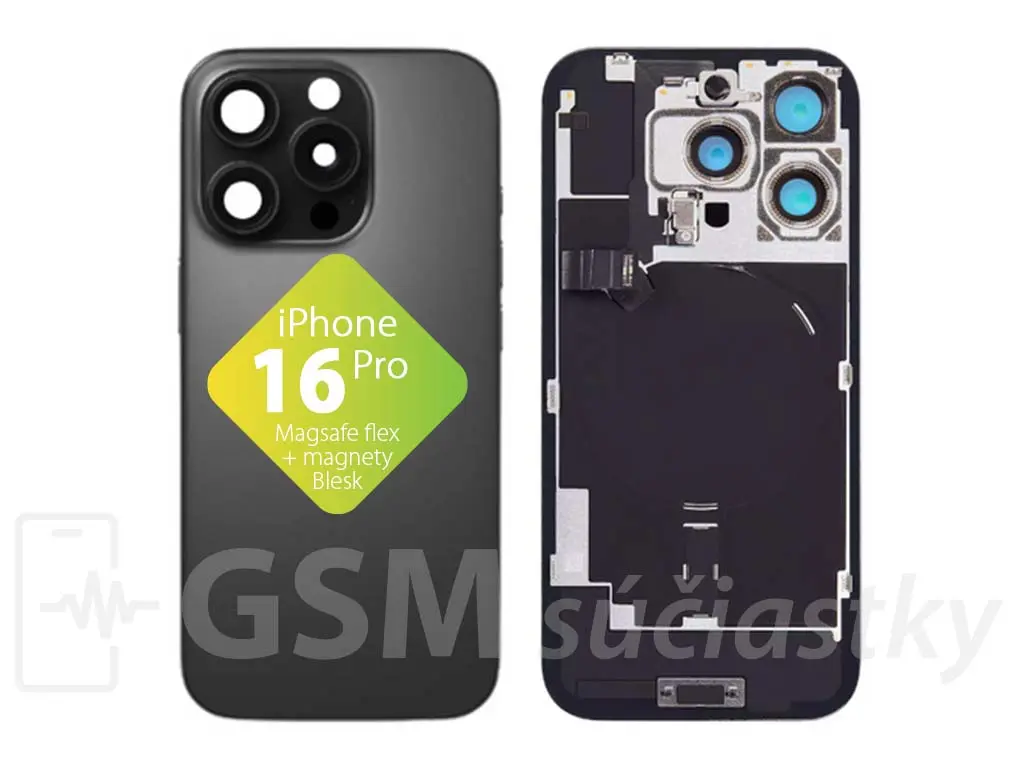 iPhone 16 Pro zadní sklo housingu + flex kabel MagSafe, blesk, magnety, černé