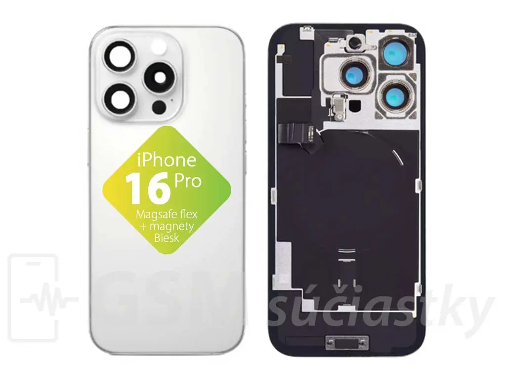 iPhone 16 Pro Zadní sklo housingu + flex kabel MagSafe, blesk, magnety, bílé