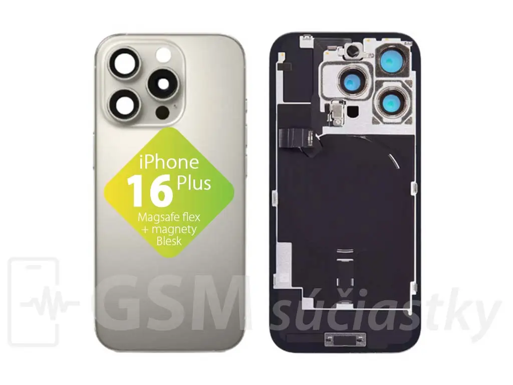 iPhone 16 Pro Zadní sklo housingu + flex kabel MagSafe, blesk, magnety, Natural Titanium