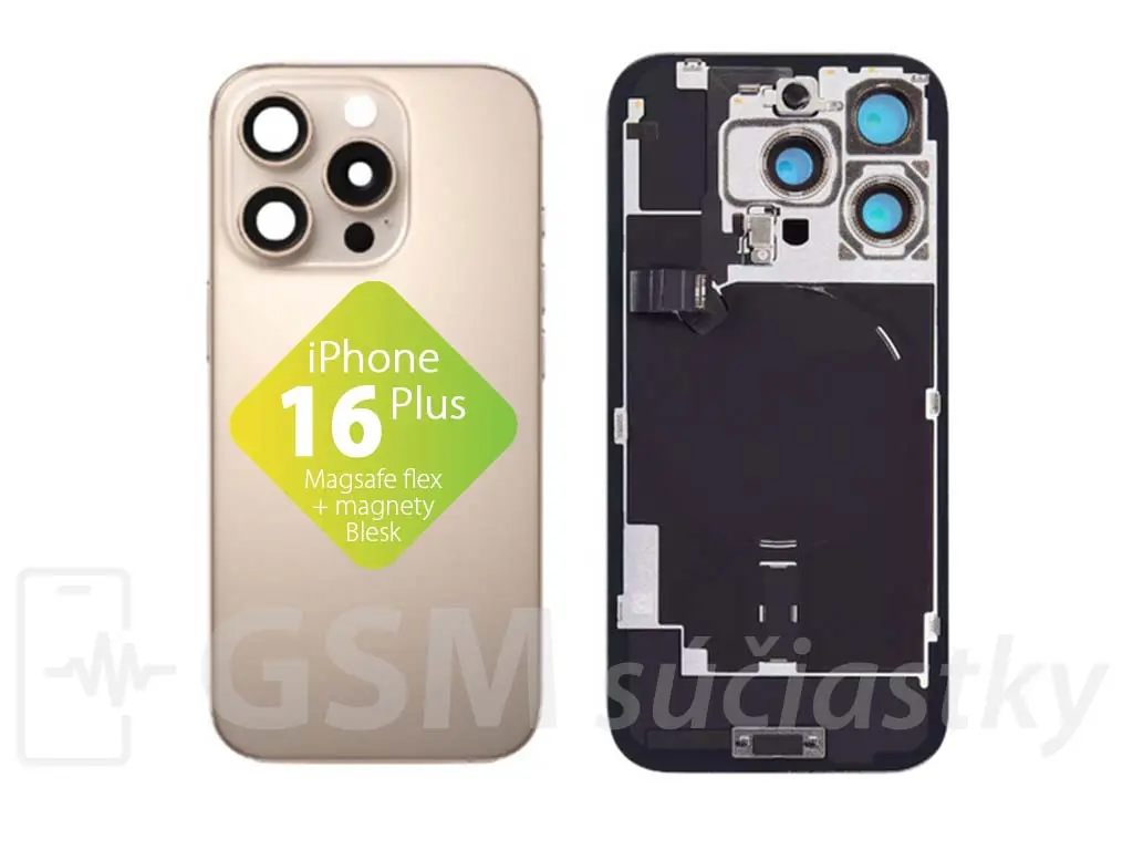 iPhone 16 Pro Zadní sklo housingu + flex kabel MagSafe, blesk, magnety, zlaté