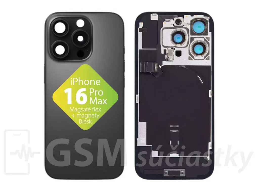 iPhone 16 Pro Max zadní sklo housingu + flex kabel MagSafe, blesk, magnety, černé