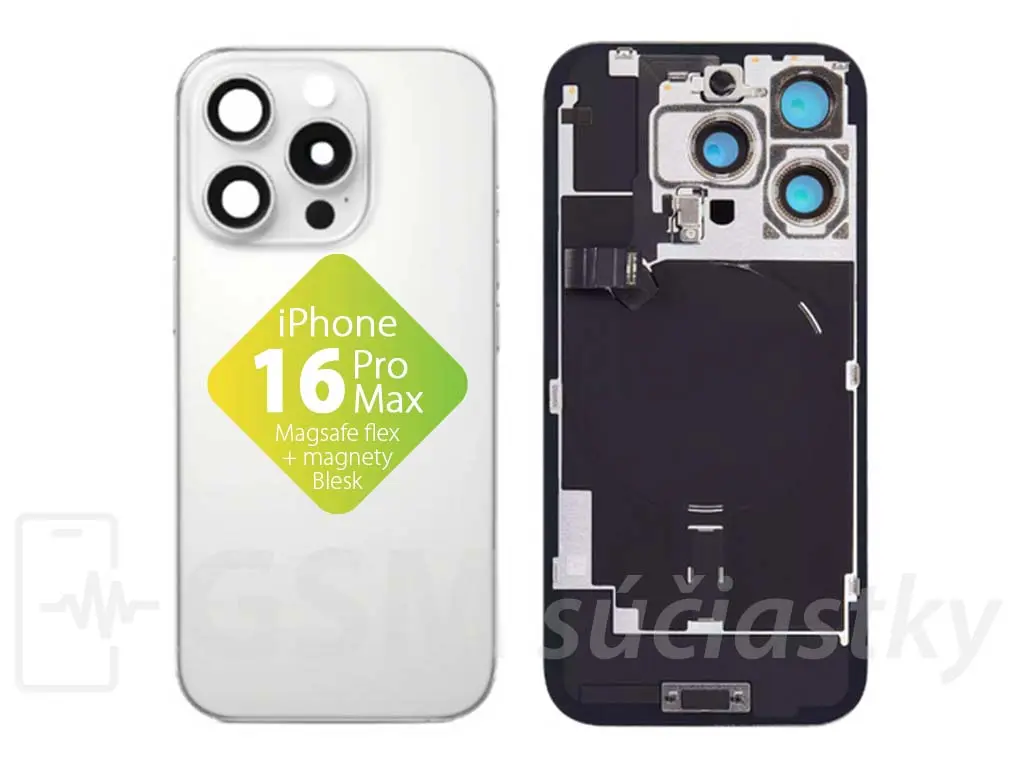 iPhone 16 Pro Max Zadní sklo housingu + flex kabel MagSafe, blesk, magnety, bílé