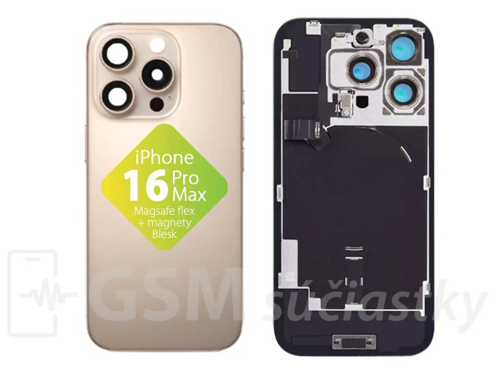 iPhone 16 Pro Max Zadní sklo housingu + flex kabel MagSafe, blesk, magnety, zlaté