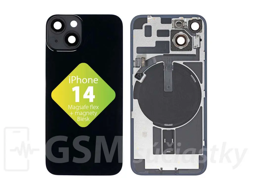 iPhone 14 zadní sklo housingu + flex kabel MagSafe, blesk, magnety, černé