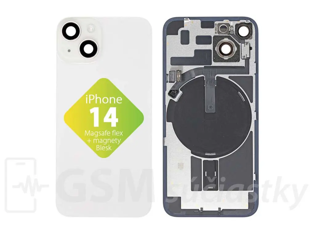 iPhone 14 zadní sklo housingu + flex kabel MagSafe, blesk, magnety, Starlight
