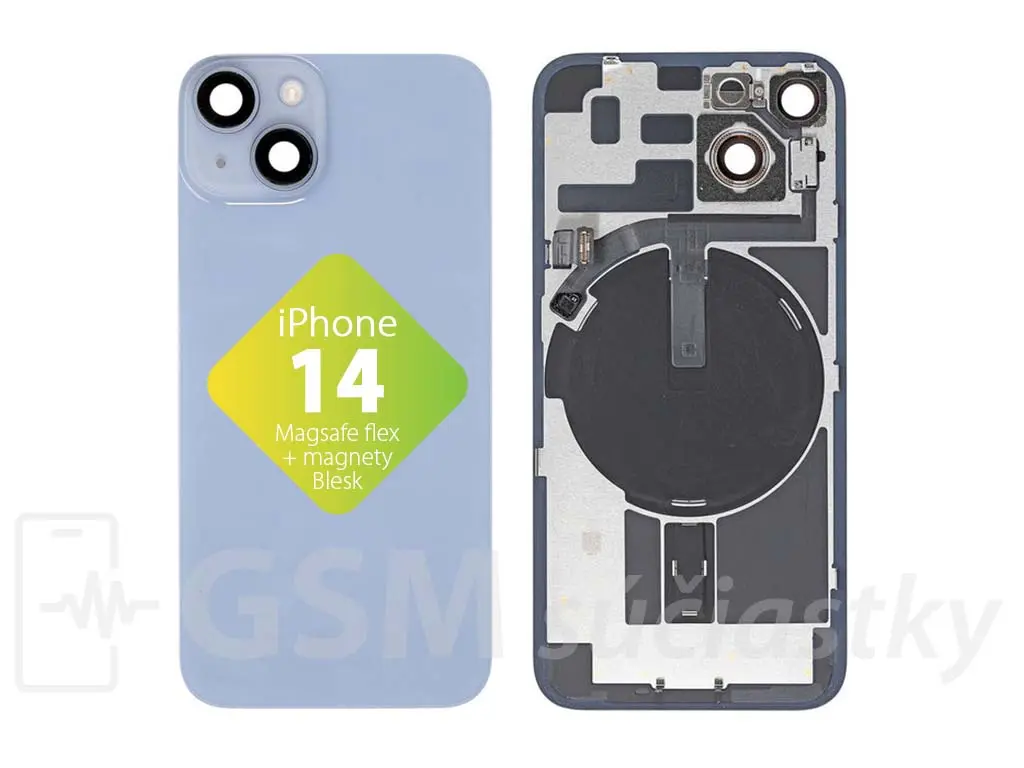 iPhone 14 Zadní sklo housingu + flex kabel MagSafe, blesk, magnety, Modré