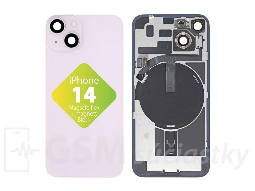 iPhone 14 Zadní sklo housingu + flex kabel MagSafe, blesk, magnety, fialové