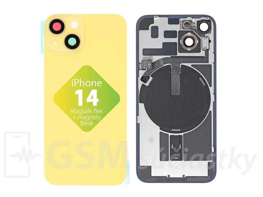 iPhone 14 Zadní sklo housingu + flex kabel MagSafe, blesk, magnety, žluté