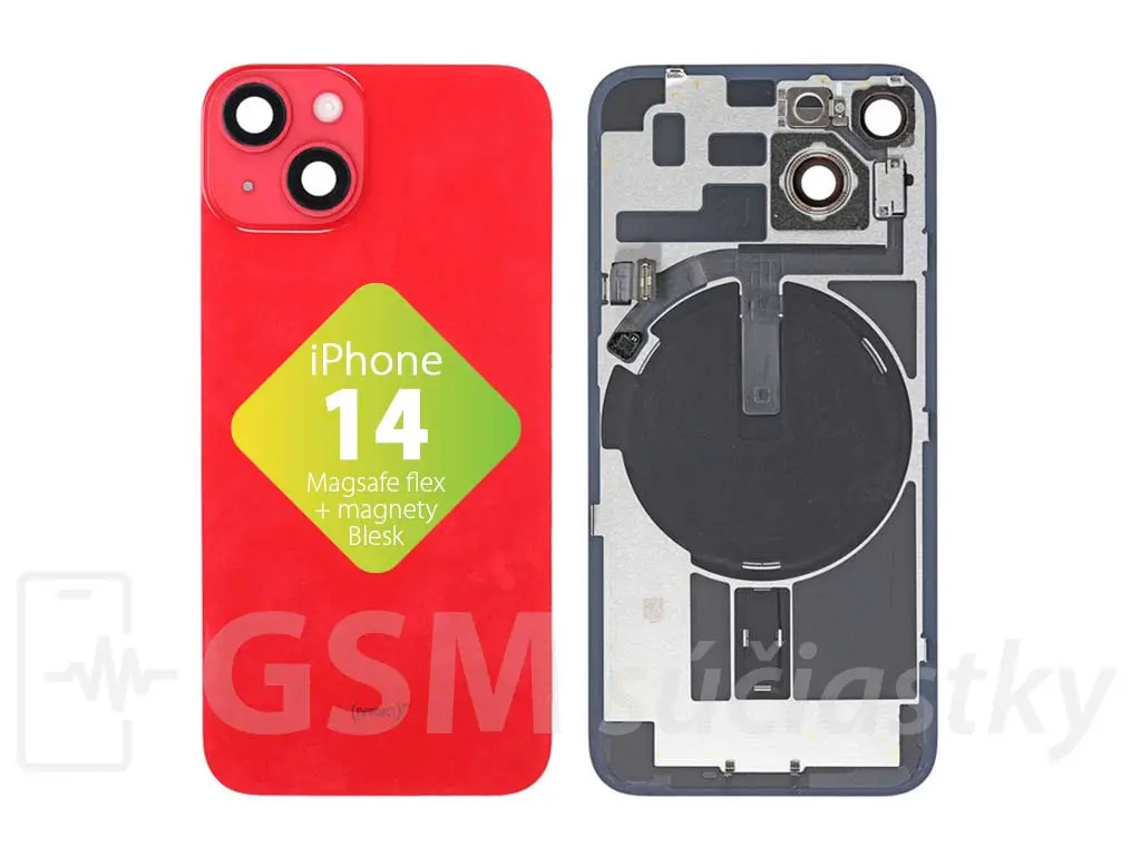 iPhone 14 zadní sklo housingu + flex kabel MagSafe, blesk, magnety, červené