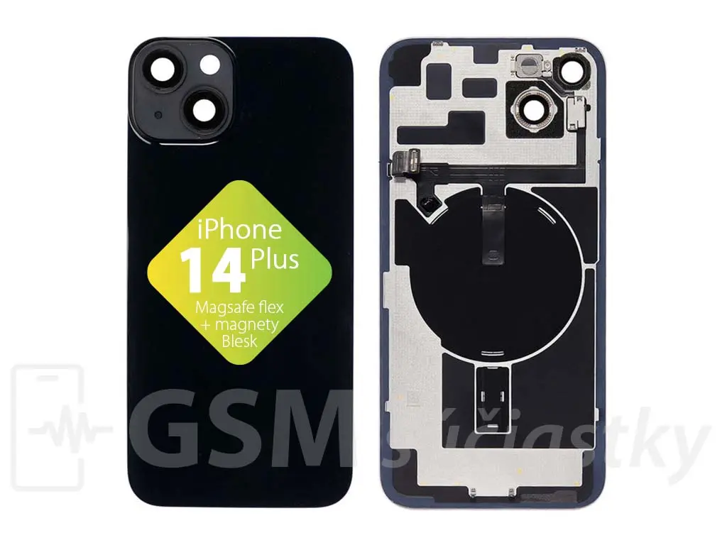 iPhone 14 Plus zadní sklo housingu + flex kabel MagSafe, blesk, magnety, černé