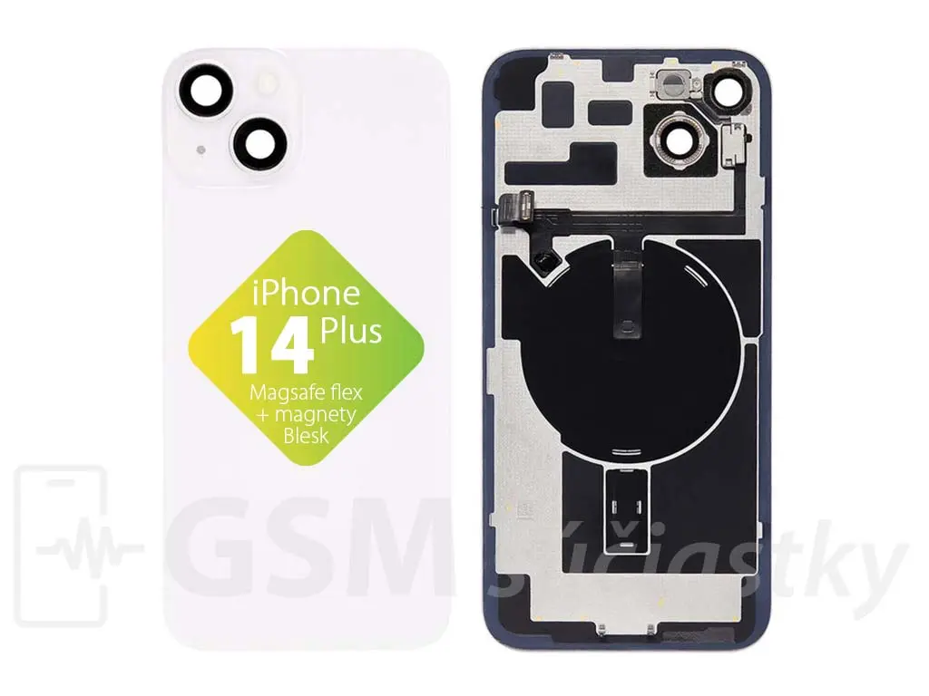 iPhone 14 Plus Zadní sklo housingu + flex kabel MagSafe, blesk, magnety, bílé
