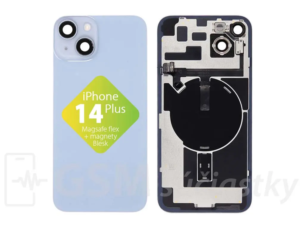 iPhone 14 Plus Zadní sklo housingu + flex kabel MagSafe, blesk, magnety, Modré