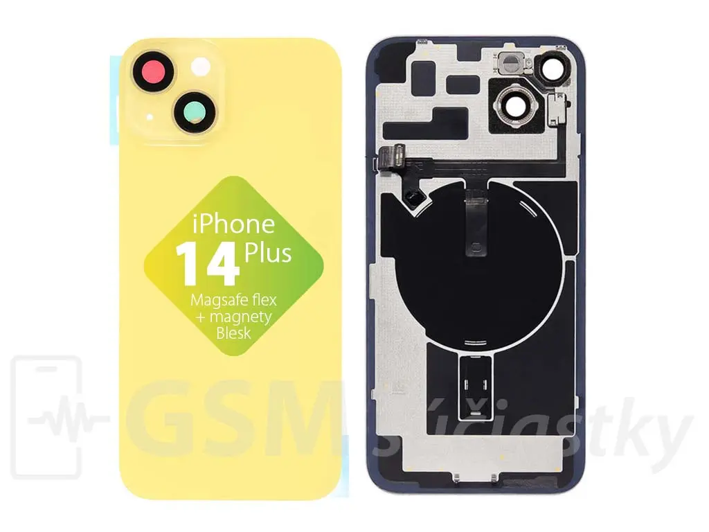iPhone 14 Plus Zadní sklo housingu + flex kabel MagSafe, blesk, magnety, žluté