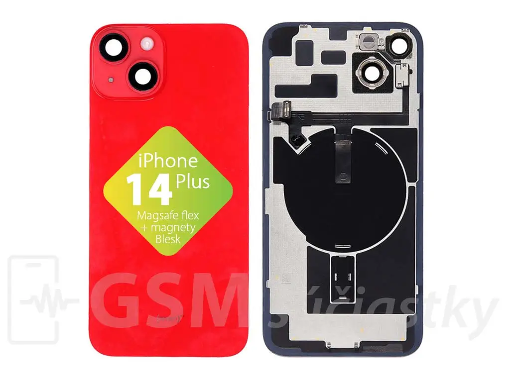 iPhone 14 Plus zadní sklo housingu + flex kabel MagSafe, blesk, magnety, červené