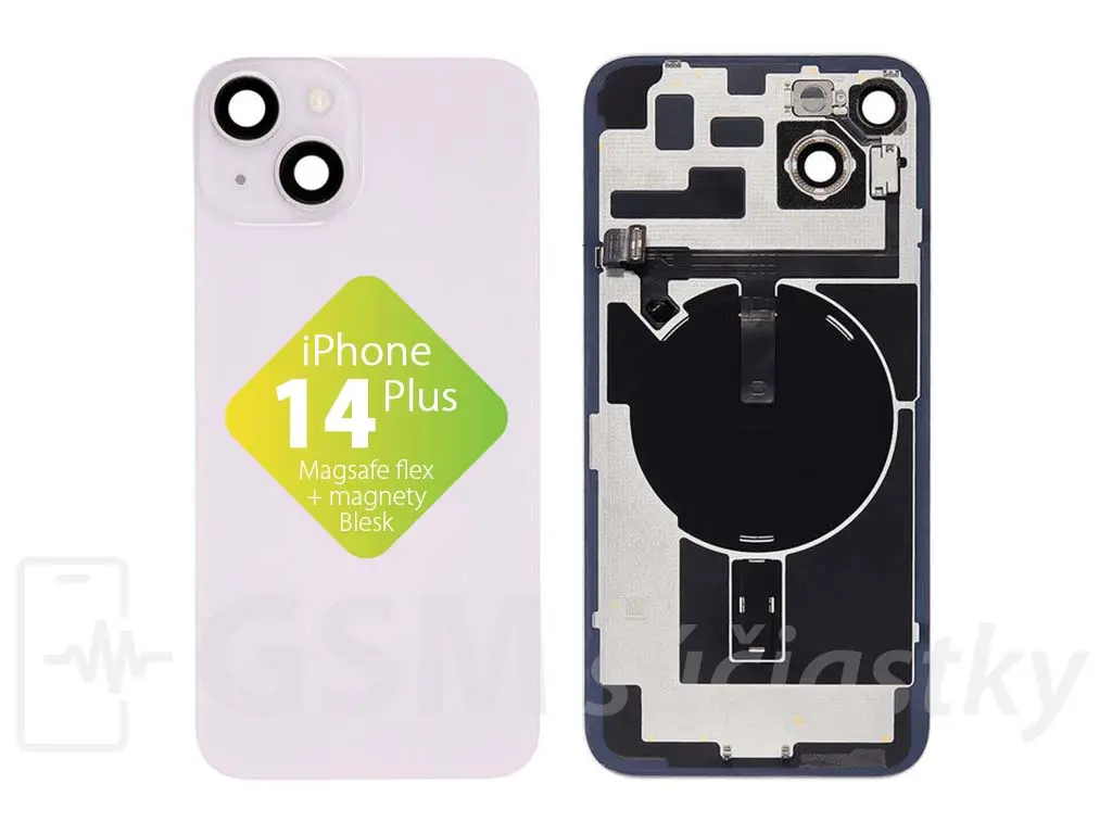 iPhone 14 Plus Zadní sklo housingu + flex kabel MagSafe, blesk, magnety, fialové
